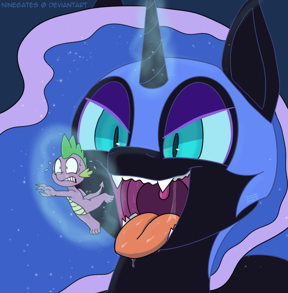 Size: 1280x1300 | Tagged: questionable, semi-grimdark, artist:ninegates, derpibooru import, nightmare moon, spike, alicorn, dragon, pony, digital art, drool, female, giant pony, giantess, image, imminent vore, macro, maw, micro, open mouth, png, size difference, vore