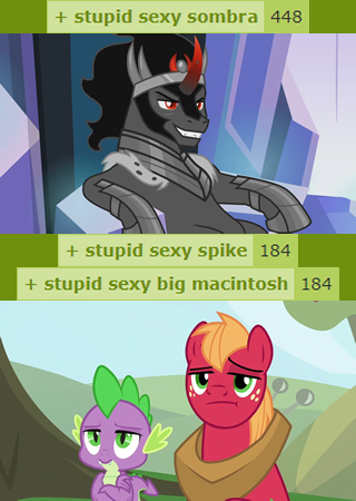 Size: 320x450 | Tagged: safe, derpibooru import, edit, edited screencap, screencap, big macintosh, king sombra, spike, dragon, earth pony, pony, unicorn, derpibooru, season 9, the beginning of the end, the big mac question, spoiler:s09, big macintosh is not amused, big macintosh's yoke, caption, collar, crystal empire, duo, horse collar, image, image macro, long live the king, looking at you, male, meta, png, solo, spike is not amused, stallion, stupid sexy big macintosh, stupid sexy sombra, stupid sexy spike, sweet apple acres, tags, text, unamused, winged spike, wings