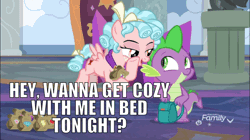 Size: 960x539 | Tagged: suggestive, edit, editor:undeadponysoldier, screencap, cozy glow, spike, dragon, pegasus, pony, school raze, bag, bedroom eyes, bow, caption, collar, cozyspike, dirty joke, dirty talk, discovery family logo, female, filly, flying, gif, hair bow, image, image macro, implied foalcon, implied sex, implied underage, male, name pun, namesake, paper bag, shipping, straight, text, this will end with sex, whispering