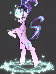 Size: 768x1024 | Tagged: safe, artist:mugitya012, derpibooru import, starlight glimmer, pony, unicorn, bipedal, female, glow, glowing horn, gray background, horn, image, jpeg, magic, magic aura, mare, simple background, solo