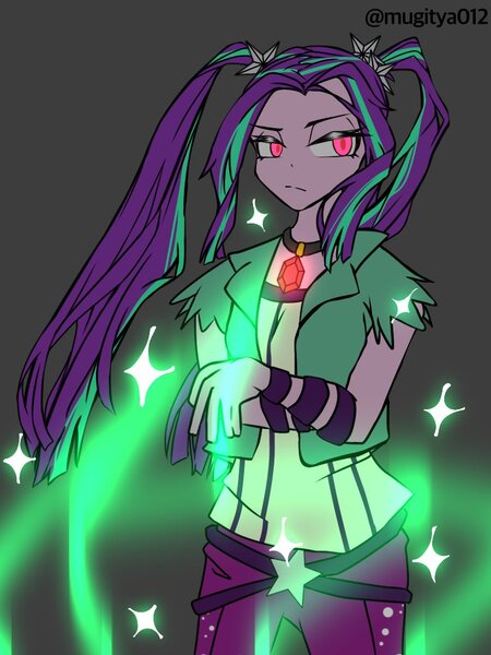 Size: 768x1024 | Tagged: safe, artist:mugitya012, derpibooru import, aria blaze, equestria girls, clothes, female, gem, gray background, image, jpeg, negative energy, simple background, siren gem, solo