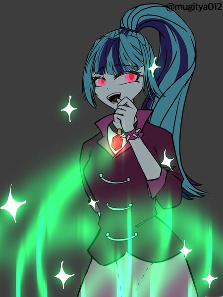 Size: 768x1024 | Tagged: safe, artist:mugitya012, derpibooru import, sonata dusk, equestria girls, clothes, female, gem, gray background, image, jpeg, negative energy, simple background, siren gem, solo