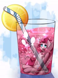 Size: 768x1024 | Tagged: safe, artist:mugitya012, derpibooru import, pinkie pie, earth pony, pony, cup, cup of pony, drink, female, food, foodplay, glass, heart, heart background, image, jpeg, lemon, looking up, mare, micro, simple background, solo, straw, white background