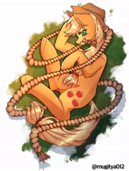 Size: 768x1024 | Tagged: safe, artist:mugitya012, derpibooru import, applejack, earth pony, pony, applejack's hat, cowboy hat, female, hat, image, jpeg, lying down, mare, mouth hold, rope, simple background, solo, white background