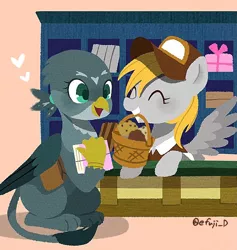 Size: 708x748 | Tagged: safe, artist:efuji_d, derpibooru import, derpy hooves, gabby, gryphon, pegasus, pony, basket, cute, derpabetes, duo, female, food, heart, image, jpeg, mailmare, mare, mouth hold, muffin, signature, spread wings, wings
