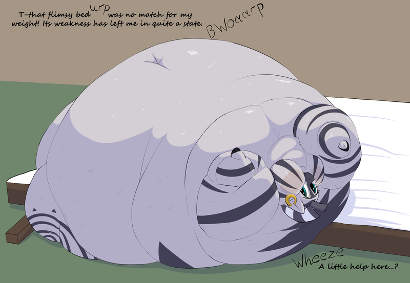 Size: 3046x2107 | Tagged: questionable, artist:lupin quill, derpibooru import, zecora, zebra, series:zecoras dowry (weight gain), bed, bedbound, bedroom eyes, belly, belly bed, belly button, big belly, bingo wings, blob, blushing, burp, butt, chubby cheeks, dialogue, double chin, fat, fat fetish, feedee, female, fetish, flabby chest, huge belly, huge butt, image, immobile, impossibly large belly, impossibly large butt, large butt, looking at you, lying down, morbidly obese, near immobile, obese, on back, onomatopoeia, open mouth, panting, plot, png, property damage, rolls of fat, solo, solo female, sweat, sweatdrop, talking to viewer, underhoof, weight gain sequence, zecobese, zecorass