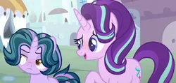 Size: 1280x609 | Tagged: safe, artist:purplepotato04, derpibooru import, starlight glimmer, oc, pony, unicorn, female, filly, foal, image, jpeg, mother and child, mother and daughter, offspring, parent:hoo'far, parent:starlight glimmer