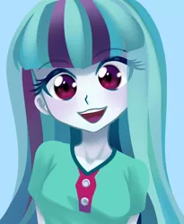 Size: 884x1080 | Tagged: safe, artist:rileyav, derpibooru import, sonata dusk, equestria girls, blue background, eye clipping through hair, female, image, jpeg, looking at you, open mouth, open smile, simple background, smiling, smiling at you, solo