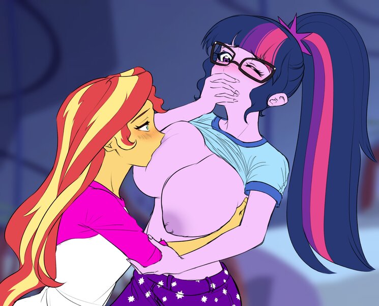 Size: 3105x2501 | Tagged: questionable, artist:rileyav, derpibooru import, sci-twi, sunset shimmer, twilight sparkle, equestria girls, big breasts, blushing, breasts, busty sci-twi, camp everfree outfits, commission, covering mouth, exposed breasts, female, huge breasts, image, jpeg, lesbian, nipples, nudity, one eye closed, partial nudity, scitwishimmer, shipping, suckling, sunsetsparkle