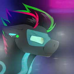 Size: 2300x2300 | Tagged: safe, artist:molars, derpibooru import, oc, oc:krypt, pegasus, pony, augmented, crowd, cyber, cyberpunk, ear piercing, image, piercing, png, racehorse, racing, solo, visor