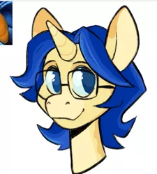 Size: 719x798 | Tagged: safe, artist:gothalite, derpibooru import, oc, unofficial characters only, pony, unicorn, bust, glasses, horn, image, jpeg, simple background, smiling, solo, unicorn oc, white background