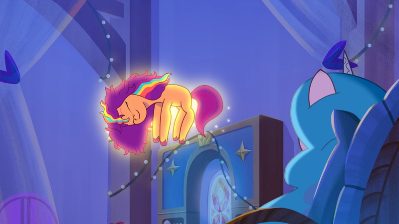 Size: 3410x1920 | Tagged: safe, derpibooru import, screencap, izzy moonbow, sunny starscout, earth pony, pony, unicorn, my little pony: tell your tale, spoiler:g5, spoiler:tyts01e14, alicorn issues, duo, eyes closed, female, g5, high res, image, jpeg, magic, magic aura, mare, messy mane, sleeping, smiling