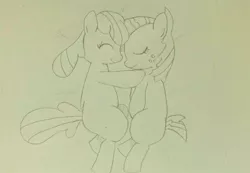 Size: 640x442 | Tagged: safe, artist:up_p_ab, derpibooru import, apple bloom, babs seed, earth pony, pony, cousins, eyes closed, female, filly, foal, hug, image, jpeg, sketch, traditional art