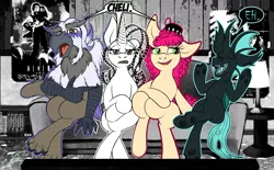 Size: 1250x775 | Tagged: safe, artist:jamescorck, derpibooru import, oc, oc:chelicera, oc:cotton bucket, oc:jamesy, oc:movie slate, unofficial characters only, changeling, earth pony, gryphon, pony, unicorn, image, png