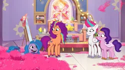 Size: 3410x1920 | Tagged: safe, derpibooru import, screencap, izzy moonbow, pipp petals, sunny starscout, zipp storm, earth pony, pegasus, pony, unicorn, my little pony: tell your tale, spoiler:g5, spoiler:tyts01e14, alicorn issues, female, g5, high res, image, jpeg, mare, open mouth, open smile, smiling