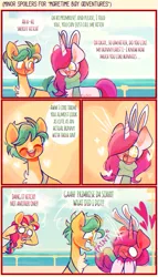 Size: 1065x1861 | Tagged: safe, artist:sockiepuppetry, derpibooru import, hitch trailblazer, sunny starscout, earth pony, pony, unicorn, blushing, bunny ears, chest fluff, clothes, comic, eyes closed, faint, female, flustered, g5, heart, hitchrose, image, male, mare, markings, png, primrose (g5), scarf, shipping, stallion, straight, trio