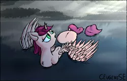 Size: 4320x2754 | Tagged: safe, artist:ceugenese, derpibooru import, alicorn, pony, cloud, female, green eyes, horn, image, jpeg, light, mare, pink hair, solo, solo female, water, wings