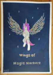 Size: 2250x3141 | Tagged: safe, artist:autumnsfur, artist:autumnsfurart, derpibooru import, oc, oc:glitter stone, unofficial characters only, alicorn, earth pony, pony, unicorn, cutie mark, diamond, female, flying, golden wings, image, jpeg, marker drawing, no eyes, painting, purple mane, sharpie, simple background, solo, standing on two hooves, stars, text, traditional art, wings