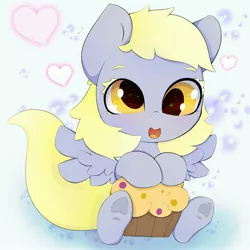 Size: 3000x3000 | Tagged: safe, artist:zokkili, derpibooru import, derpy hooves, pegasus, pony, colored eyelashes, cute, derp, derpabetes, female, filly, foal, food, heart, image, jpeg, muffin, open mouth, open smile, simple background, sitting, smiling, solo, starry eyes, weapons-grade cute, white background, wingding eyes, wings, younger