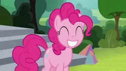 Size: 1280x720 | Tagged: safe, derpibooru import, screencap, pinkie pie, earth pony, pony, horse play, season 8, spoiler:s08, ^^, cute, diapinkes, eyes closed, grin, happy, image, pinkie smile, png, shit eating grin, smiling, solo, teeth