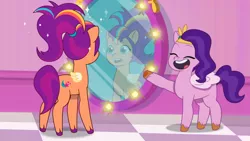 Size: 3410x1920 | Tagged: safe, derpibooru import, screencap, pipp petals, sunny starscout, pegasus, pony, my little pony: tell your tale, spoiler:g5, spoiler:tyts01e14, adorapipp, alicorn issues, cute, duo, eyes closed, female, g5, high res, image, jpeg, mare, mirror, open mouth, open smile, pegasus sunny starscout, race swap, smiling