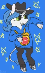 Size: 459x741 | Tagged: dead source, safe, artist:comickit, derpibooru import, oc, oc:somasis, unofficial characters only, pony, unicorn, 2014, alarm clock, bipedal, clock, clothes, female, hat, hoodie, image, png, rapper, solo