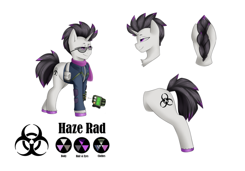 Size: 5427x3791 | Tagged: safe, alternate version, artist:rinikka, derpibooru import, oc, oc:haze rad, unofficial characters only, pony, unicorn, fallout equestria, bag, bust, clothes, colored hooves, commissioner:biohazard, eyebrows, eyewear, glasses, high res, highlights, horn, image, jumpsuit, lidded eyes, male, mohawk, multiple views, pipbuck, png, portrait, purple eyes, rear view, reference sheet, saddle bag, scarf, side view, simple background, smiling, solo, stallion, sunglasses, transparent background, unicorn oc, unshorn fetlocks, vault suit, white background