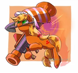 Size: 1200x1125 | Tagged: safe, artist:yukkuri_yu_yu, derpibooru import, applejack, earth pony, pony, dr's dapper topper, female, hat, image, jpeg, mare, market gardener, mouth hold, rocket jump, rocket jumper, rocket launcher, shovel, simple background, soldier, solo, team fortress 2, white background