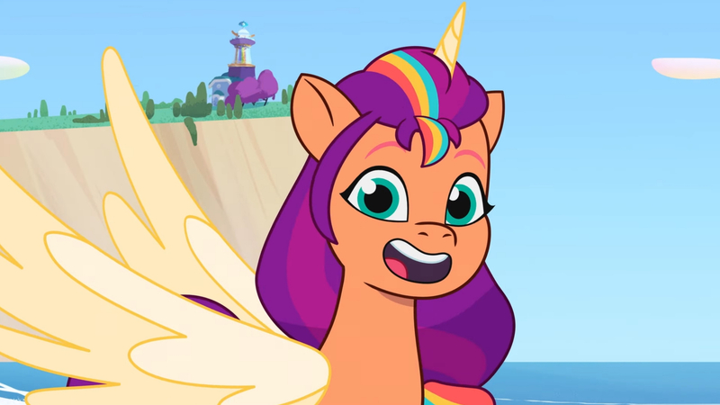 Size: 3410x1920 | Tagged: safe, derpibooru import, screencap, sunny starscout, alicorn, pony, my little pony: a new generation, my little pony: tell your tale, spoiler:g5, spoiler:tyts01e14, alicorn issues, beach, female, g5, high res, image, jpeg, looking at you, mare, open mouth, open smile, race swap, smiling, smiling at you, solo, spread wings, sunnycorn, wings