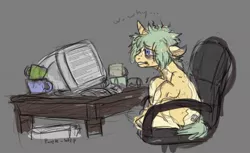 Size: 1345x821 | Tagged: safe, artist:purple-blep, derpibooru import, oc, unicorn, coffee, coffee mug, image, jpeg, mug, pc, solo, stressed