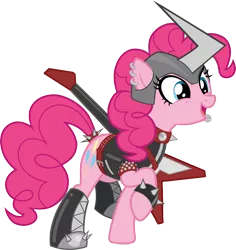 Size: 3137x3329 | Tagged: safe, artist:cocaine, derpibooru import, edit, vector edit, pinkie pie, earth pony, boots, clothes, electric guitar, guitar, helmet, image, metalhead, musical instrument, piercing, png, redesign, shoes, simple background, solo, spikes, transparent background, vector