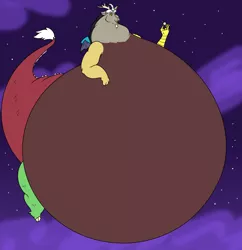 Size: 1239x1280 | Tagged: safe, artist:saintdraconis, derpibooru import, discord, draconequus, belly, bhm, big belly, fat, huge belly, image, impossibly large belly, jpeg, macro, male, morbidly obese, obese, pear shaped, planet, pony bigger than a planet, solo, solo male, space