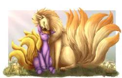 Size: 1280x813 | Tagged: safe, artist:szkar, derpibooru import, oc, oc:flossy tail, unofficial characters only, earth pony, ninetales, pony, bracelet, eyes closed, image, jewelry, jpeg, neck nuzzle, one ear down, pokémon, simple background