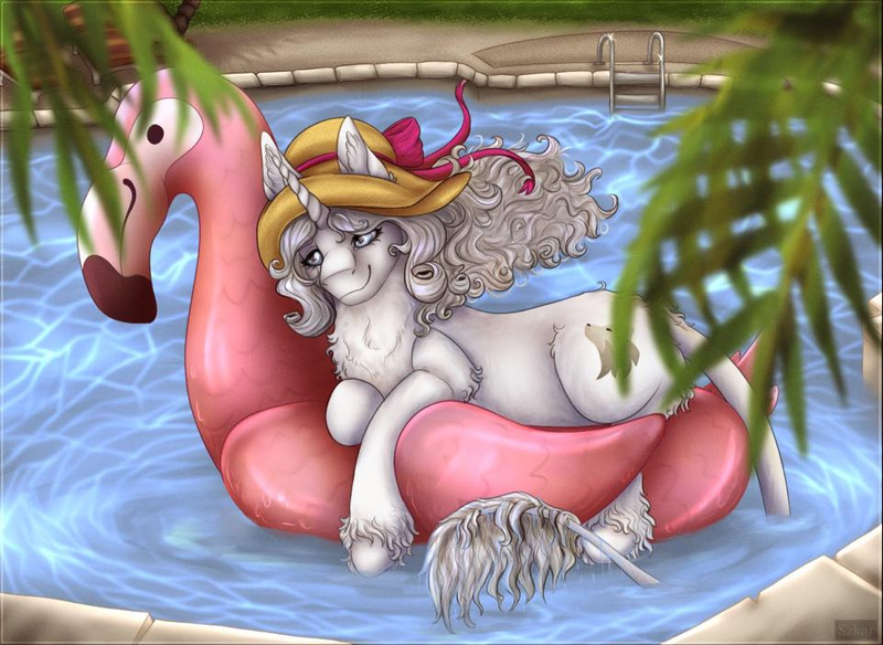 Size: 961x702 | Tagged: safe, artist:szkar, derpibooru import, oc, oc:sumona, unofficial characters only, bird, classical unicorn, flamingo, unicorn, chest fluff, cloven hooves, hat, image, inflatable toy, leonine tail, lying down, png, swimming pool, unshorn fetlocks