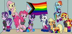 Size: 5350x2500 | Tagged: safe, artist:appleneedle, artist:icicle-wicicle-1517, color edit, derpibooru import, edit, applejack, fluttershy, pinkie pie, rainbow dash, rarity, starlight glimmer, sunset shimmer, twilight sparkle, twilight sparkle (alicorn), alicorn, earth pony, pegasus, pony, unicorn, asexual, asexual pride flag, bisexual pride flag, bracelet, choker, clothes, collaboration, colored, ear piercing, earring, female, flag, flying, freckles, gay pride flag, grin, homoflexible, homoflexible pride flag, image, jewelry, lgbt, mane six, mare, missing cutie mark, mouth hold, nail, necklace, pansexual, pansexual pride flag, piercing, png, pride, pride flag, pride month, rainbow socks, raised hoof, raised leg, sitting, smiling, socks, spiked choker, striped socks, sweater