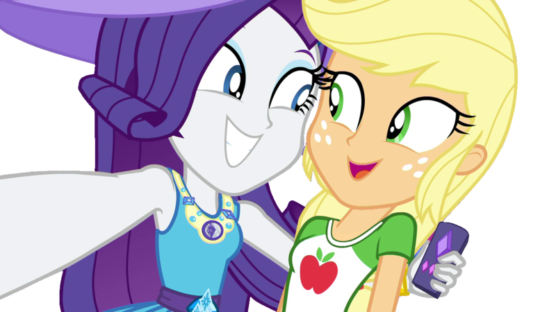 Size: 1280x720 | Tagged: safe, derpibooru import, edit, edited screencap, screencap, applejack, rarity, camping must-haves, equestria girls, equestria girls series, spoiler:eqg series (season 2), background removed, clothes, cute, dress, duo, female, image, jewelry, missing accessory, necklace, png, selfie, shirt, shirt collar, t-shirt