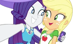 Size: 1280x720 | Tagged: safe, derpibooru import, edit, edited screencap, screencap, applejack, rarity, camping must-haves, equestria girls, equestria girls series, spoiler:eqg series (season 2), background removed, clothes, cute, dress, duo, female, image, jewelry, missing accessory, necklace, png, selfie, shirt, shirt collar, t-shirt