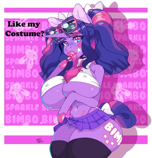 Size: 1666x1736 | Tagged: suggestive, artist:scarfyace, derpibooru import, twilight sparkle, anthro, unicorn, arm hooves, belly button, bimbo, bimbo sparkle, breasts, candy, cleavage, clothes, curvy, food, glasses, image, jpeg, lollipop, looking at you, necktie, panties, school uniform, skirt, socks, text, thigh highs, thighs, thong, thunder thighs, underboob, underwear, unicorn twilight, wide hips