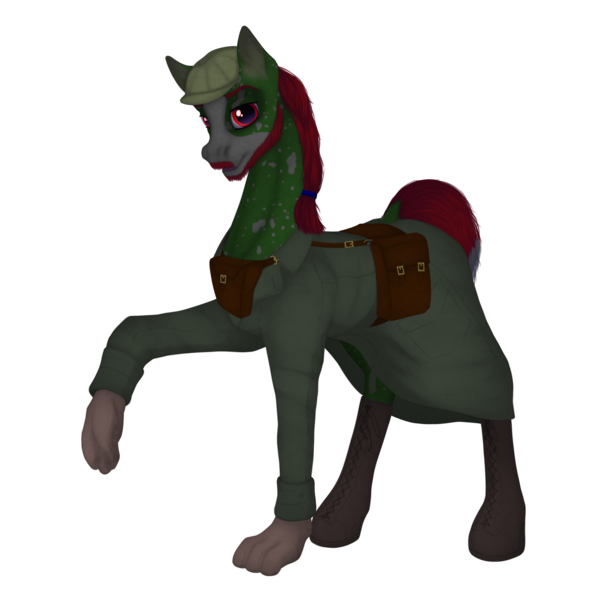 Size: 3500x3500 | Tagged: safe, artist:ghost3280, derpibooru import, oc, oc:well geboren, dog, dog pony, earth pony, original species, pony, bag, boots, clothes, gloves, hat, image, png, saddle bag, shoes, solo, trenchcoat