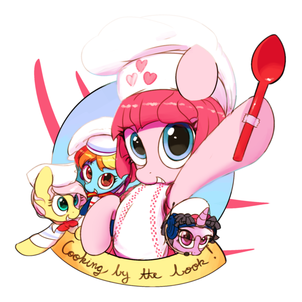 Size: 1920x1920 | Tagged: safe, artist:vultraz, derpibooru import, fluttershy, pinkie pie, rainbow dash, twilight sparkle, earth pony, pegasus, pony, unicorn, alternate hairstyle, baking, bowtie, chef's hat, clothes, cooking by the book, costume, dress, female, hat, image, lazytown, looking at you, mare, pixel (lazytown), png, simple background, smiling, spoon, stephanie meanswell, stingy (lazytown), text, transparent background, ziggy (lazytown)