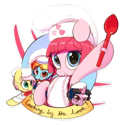 Size: 1920x1920 | Tagged: safe, artist:vultraz, derpibooru import, fluttershy, pinkie pie, rainbow dash, twilight sparkle, earth pony, pegasus, pony, unicorn, alternate hairstyle, baking, bowtie, chef's hat, clothes, cooking by the book, costume, dress, female, hat, image, lazytown, looking at you, mare, pixel (lazytown), png, simple background, smiling, spoon, stephanie meanswell, stingy (lazytown), text, transparent background, ziggy (lazytown)