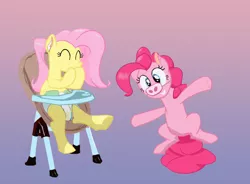 Size: 1360x1003 | Tagged: suggestive, artist:drasill, derpibooru import, fluttershy, pinkie pie, earth pony, pegasus, pony, abdl, diaper, diaper fetish, duo, duo female, ear fluff, female, fetish, image, jpeg, mare, non-baby in diaper, simple background, smiling, wet diaper