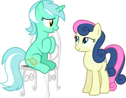 Size: 1571x1216 | Tagged: safe, artist:starryshineviolet, derpibooru import, bon bon, lyra heartstrings, sweetie drops, earth pony, pony, unicorn, season 5, slice of life (episode), chair, duo, duo female, female, g4, image, lesbian, lyrabon, mare, png, shipping, simple background, sitting, smiling, transparent background, vector