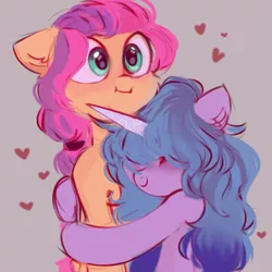 Size: 1869x1866 | Tagged: artist needed, safe, artist:raily, derpibooru import, izzy moonbow, sunny starscout, earth pony, pony, unicorn, g5, :i, blue mane, closed mouth, cute, ears, eyes closed, eyes open, female, floppy ears, heart, hug, image, lesbian, mane stripe sunny, png, ship:moonscout, shipping