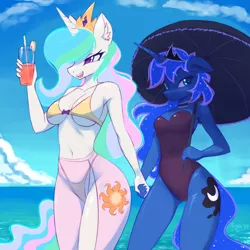 Size: 1512x1512 | Tagged: safe, artist:fajeh, derpibooru import, princess celestia, princess luna, anthro, beach, beach babe, belly button, bikini, breasts, busty princess celestia, clothes, drink, duo, duo female, ear fluff, female, floppy ears, glass, holding hands, image, looking at you, ocean, one-piece swimsuit, open mouth, palindrome get, png, smiling, swimsuit, tail, umbrella, underboob, water