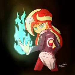 Size: 2000x2000 | Tagged: safe, artist:theratedrshimmer, derpibooru import, sunset shimmer, equestria girls, clothes, cosplay, costume, fire, green fire, image, iori yagami, jpeg, king of fighters, looking at you, snk, solo