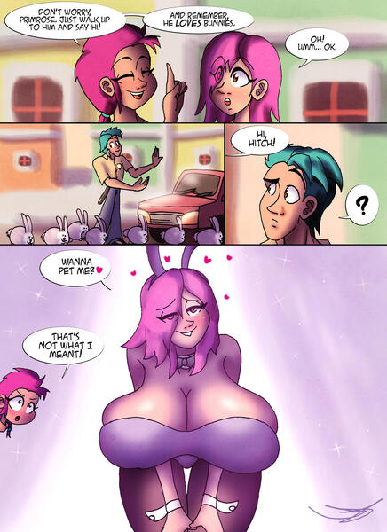 Size: 1280x1761 | Tagged: suggestive, artist:ringteam, derpibooru import, hitch trailblazer, sunny starscout, human, rabbit, animal, big breasts, breasts, bunny suit, busty primrose (g5), car, cleavage, clothes, comic, commission, dialogue, eye clipping through hair, female, flirting, g5, hitchrose, huge breasts, humanized, image, jpeg, male, primrose (g5), shipping, speech bubble, straight