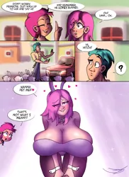 Size: 1280x1761 | Tagged: suggestive, artist:ringteam, derpibooru import, hitch trailblazer, sunny starscout, human, rabbit, animal, big breasts, breasts, bunny suit, busty primrose (g5), car, cleavage, clothes, comic, commission, dialogue, eye clipping through hair, female, flirting, g5, hitchrose, huge breasts, humanized, image, jpeg, male, primrose (g5), shipping, speech bubble, straight