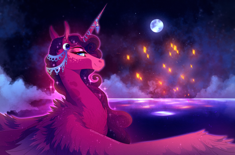 Size: 3802x2500 | Tagged: safe, artist:pumpkabooo, derpibooru import, princess luna, alicorn, pony, alternate color palette, female, horn, horn jewelry, image, jewelry, lidded eyes, looking at you, looking back, looking back at you, mare, night, png, solo