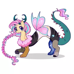 Size: 2000x2000 | Tagged: safe, artist:plushfurby, derpibooru import, fluttershy, draconequus, antlers, braid, butterfly wings, image, immortality blues no more, png, simple background, solo, white background, wings